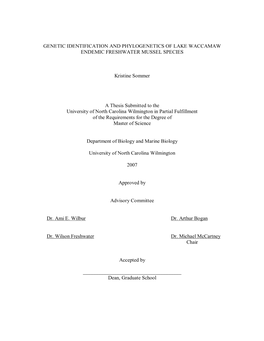Genetic Identification and Phylogenetics of Lake Waccamaw Endemic Freshwater Mussel Species