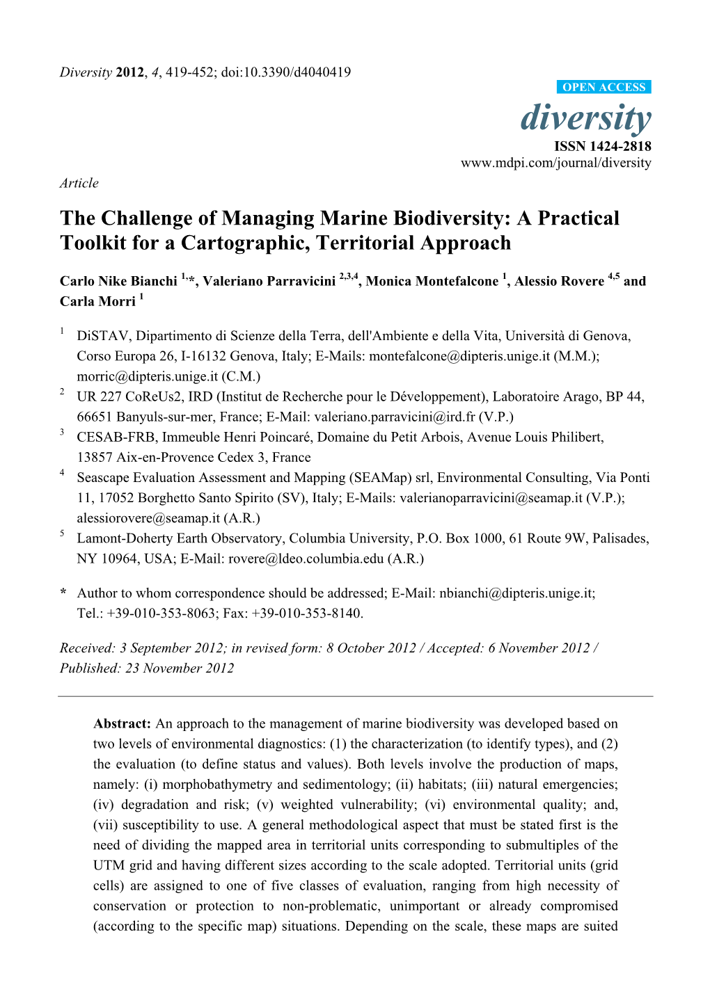 The Challenge of Managing Marine Biodiversity: a Practical Toolkit for a Cartographic, Territorial Approach