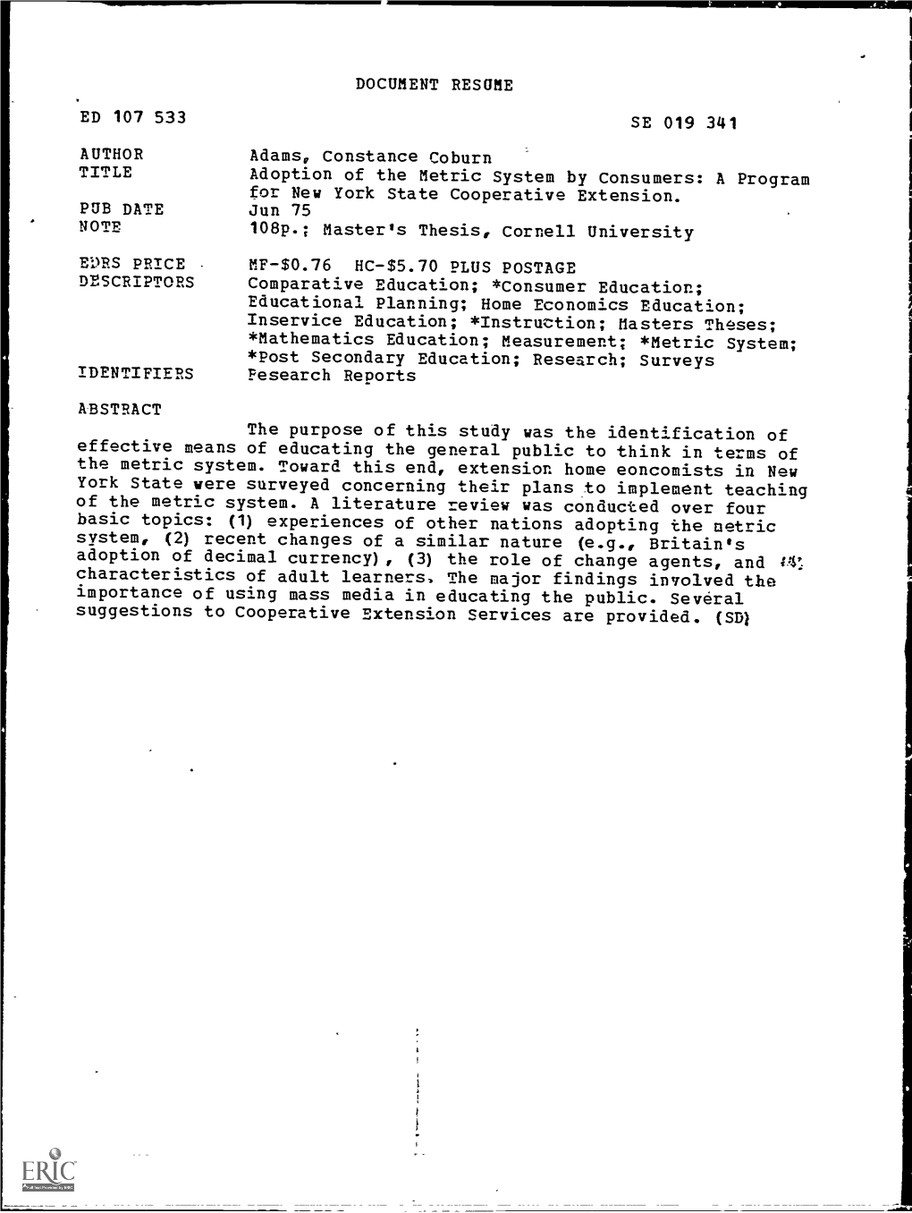 Adoption of the Metric System by Consumers: a Program for New York State Cooperative Extension