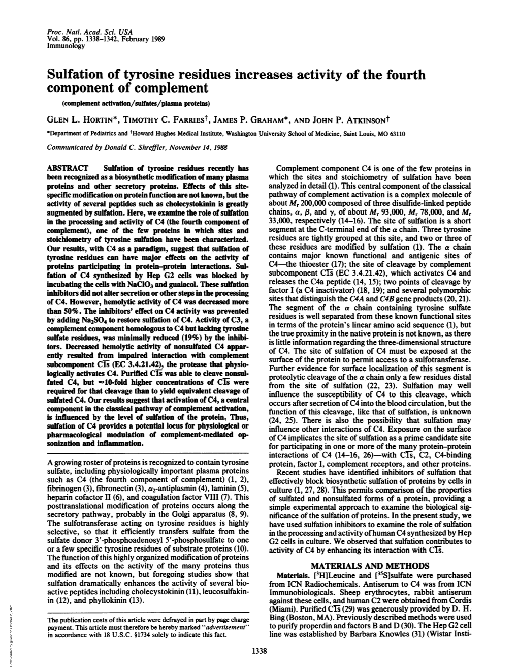 Sulfation of Tyrosine Residues Increases Activity of the Fourth Component of Complement (Complement Activation/Sulfates/Plasna Proteins) GLEN L