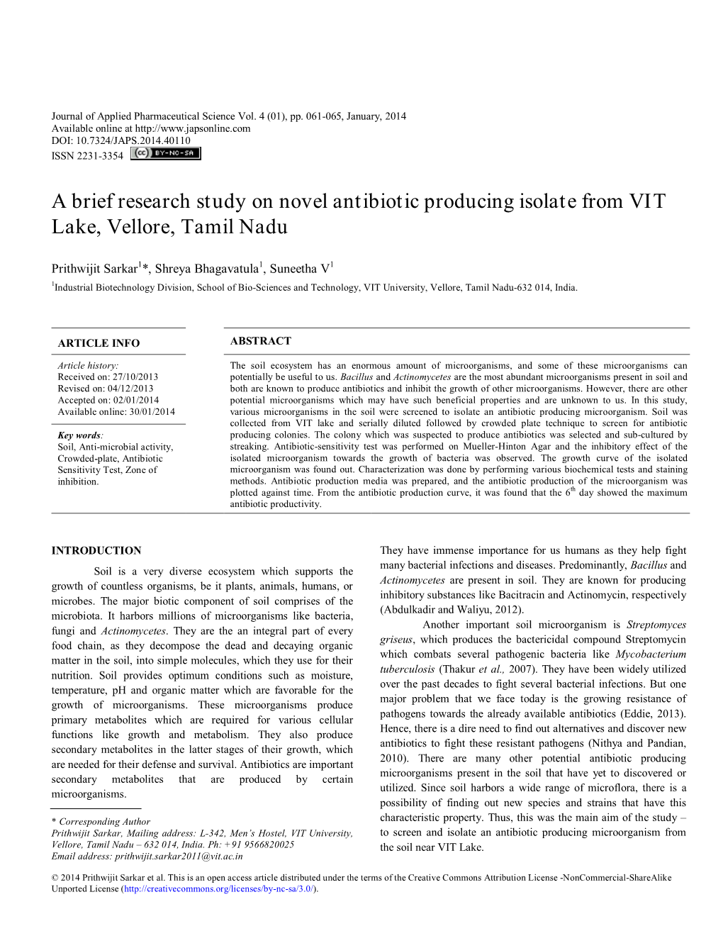 A Brief Research Study on Novel Antibiotic Producing Isolate from VIT Lake, Vellore, Tamil Nadu