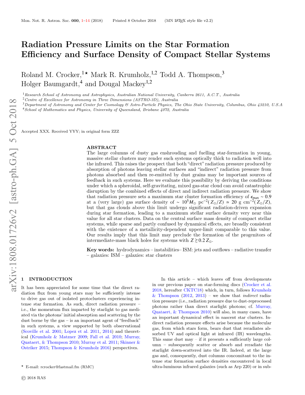 Radiation Pressure Limits on the Star Formation Efficiency and Surface