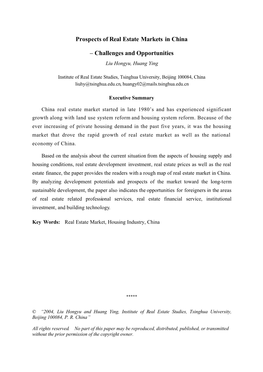 Prospects of Real Estate Markets in China – Challenges And
