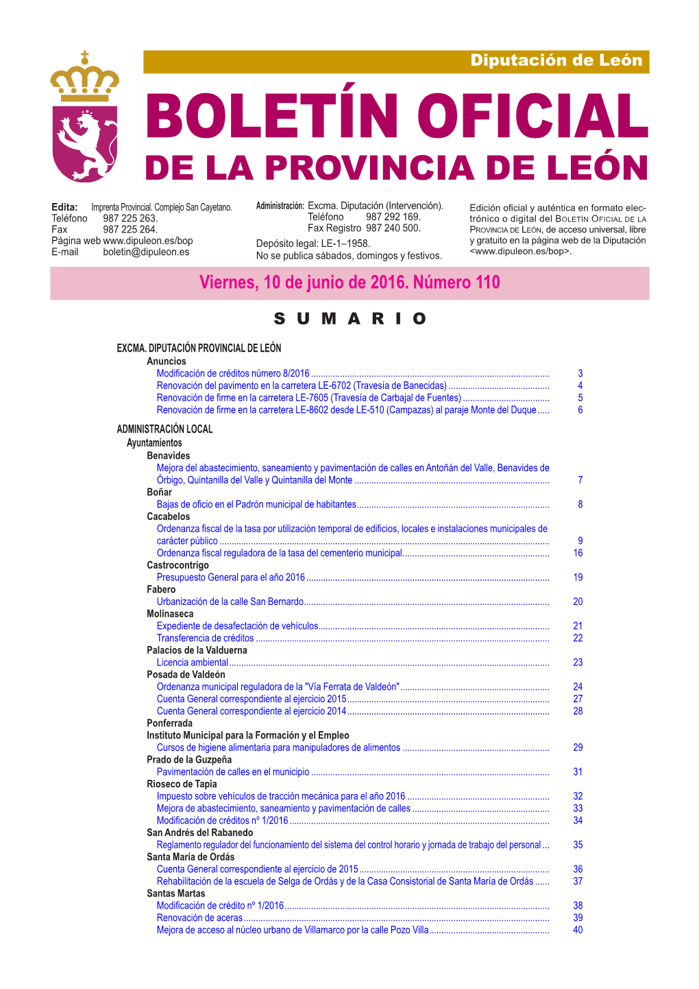 BOLETÍN OFICIAL DE LA PROVINCIA DE LEÓN Edita: Imprenta Provincial