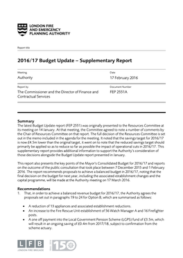 2016/17 Budget Update – Supplementary Report