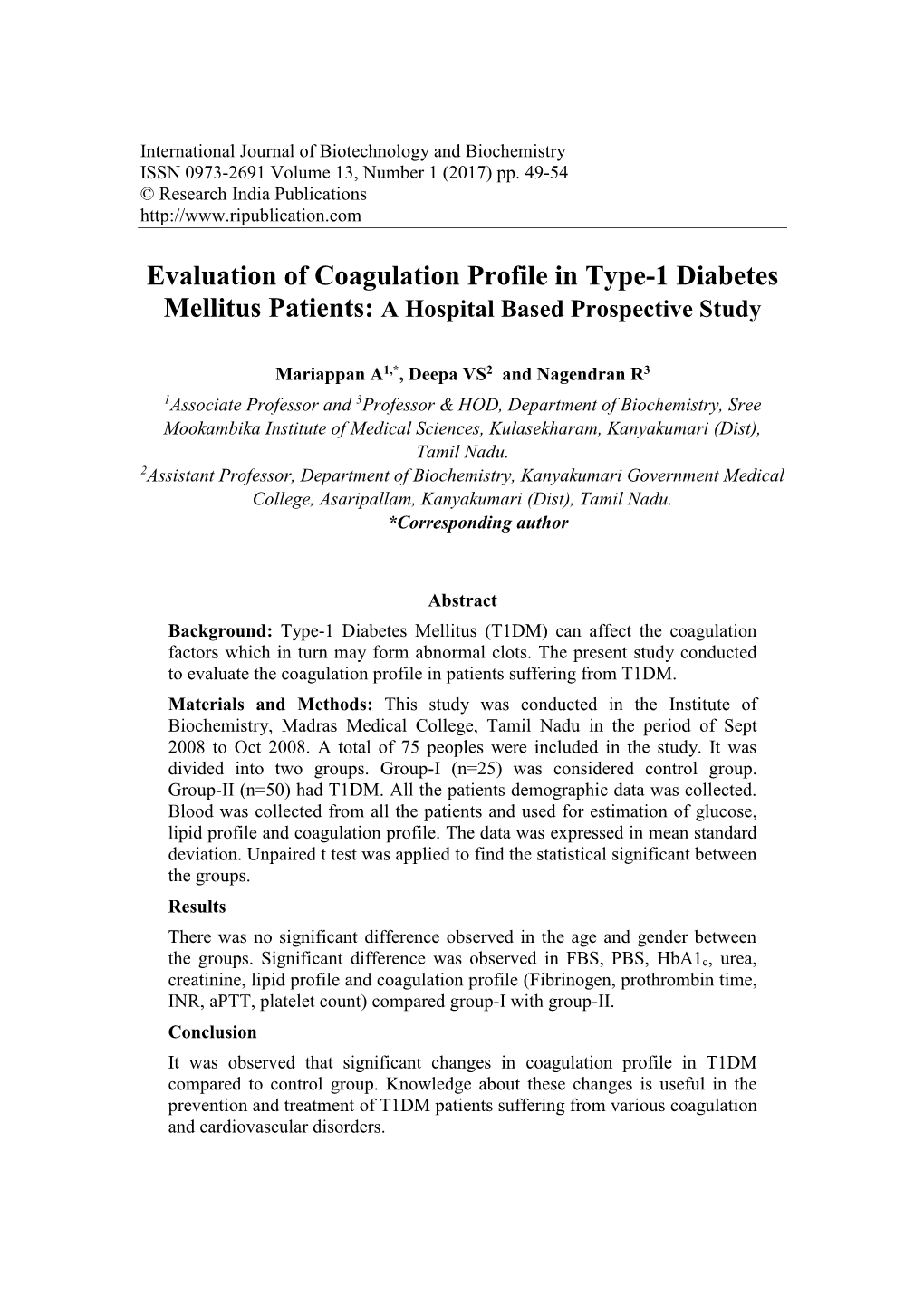 Evaluation of Coagulation Profile in Type-1 Diabetes Mellitus Patients: a Hospital Based Prospective Study