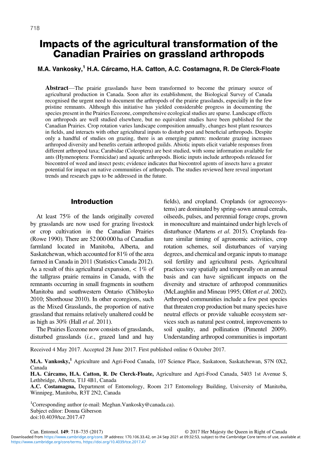 Impacts of the Agricultural Transformation of the Canadian Prairies on Grassland Arthropods