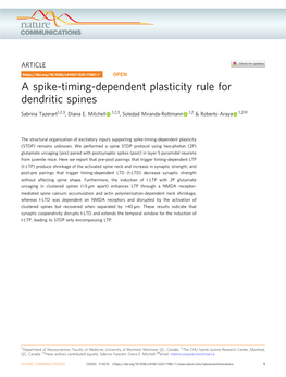 A Spike-Timing-Dependent Plasticity Rule for Dendritic Spines ✉ Sabrina Tazerart1,2,3, Diana E