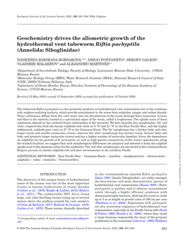 Geochemistry Drives the Allometric Growth of the Hydrothermal Vent Tubeworm Riftia Pachyptila (Annelida: Siboglinidae)