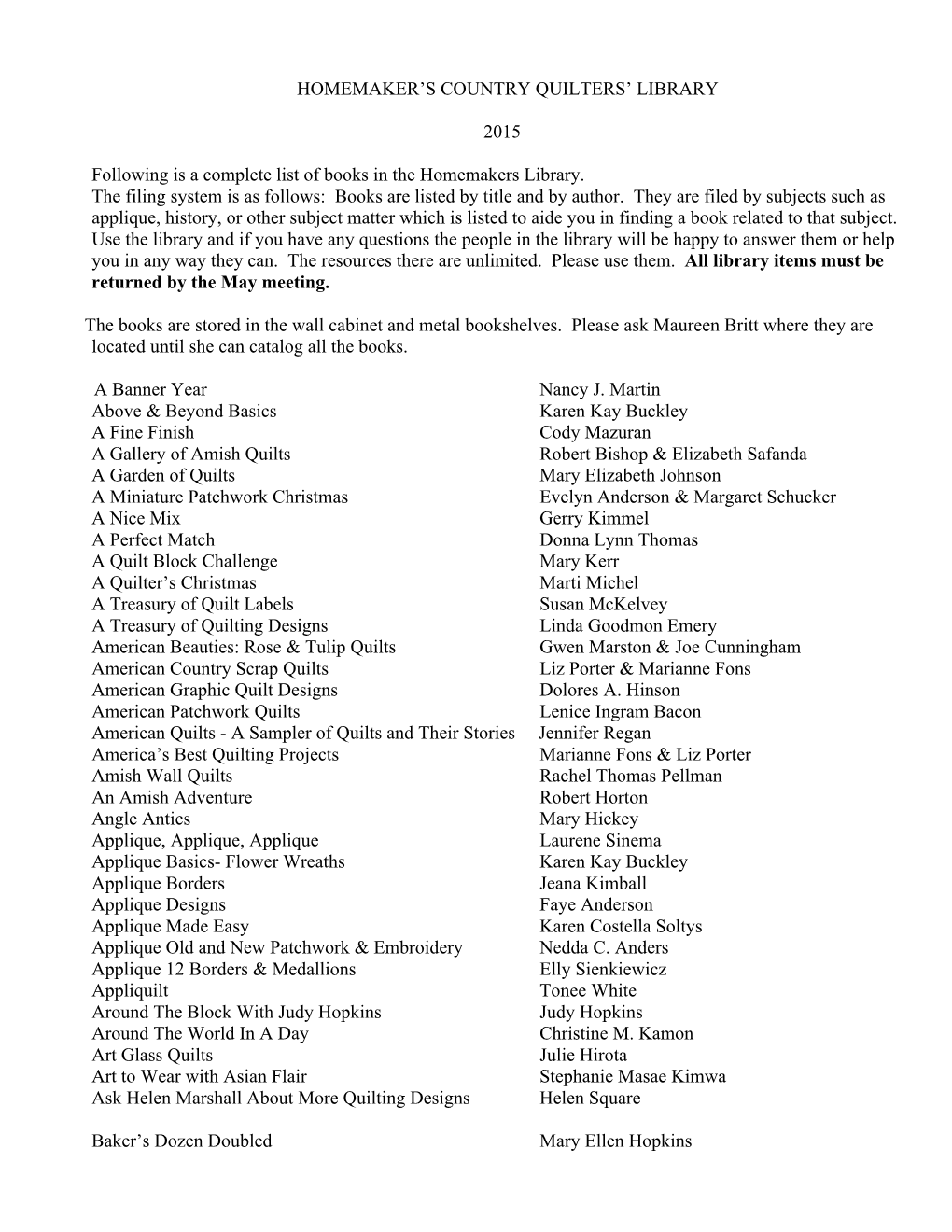 HCQ Library Book List 2015