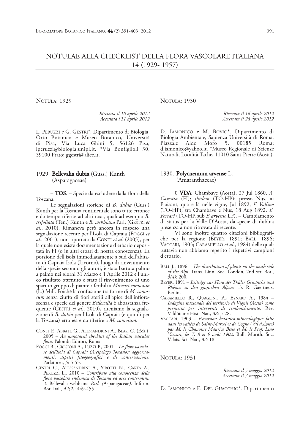 Notulae Alla Checklist Della Flora Vascolare Italiana 14 (1929- 1957)
