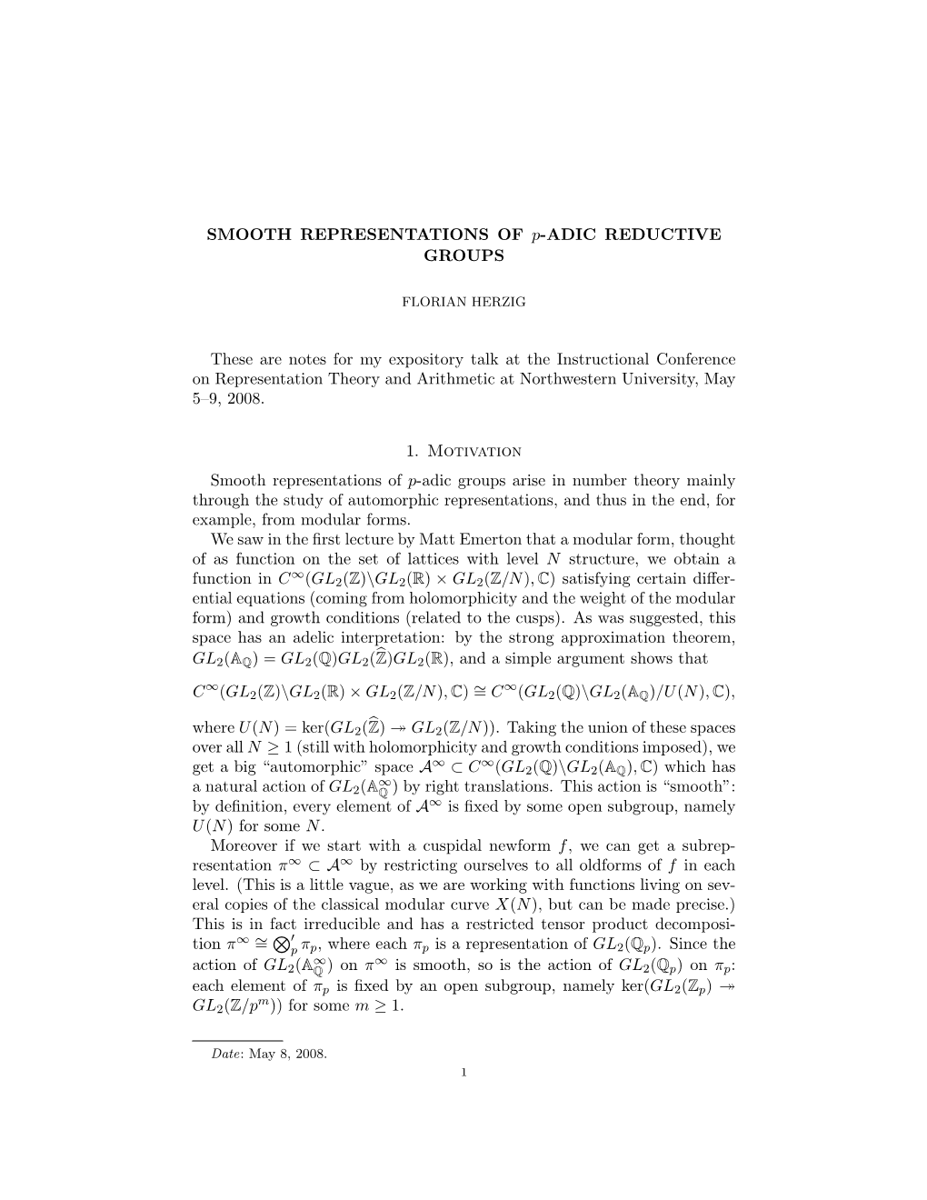 Smooth Representations of P-Adic Reductive Groups