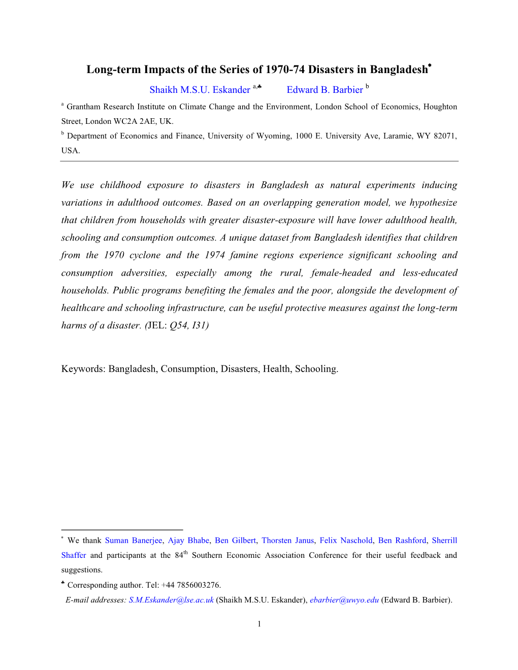 Long-Term Impacts of the Series of 1970-74 Disasters in Bangladesh Shaikh M.S.U