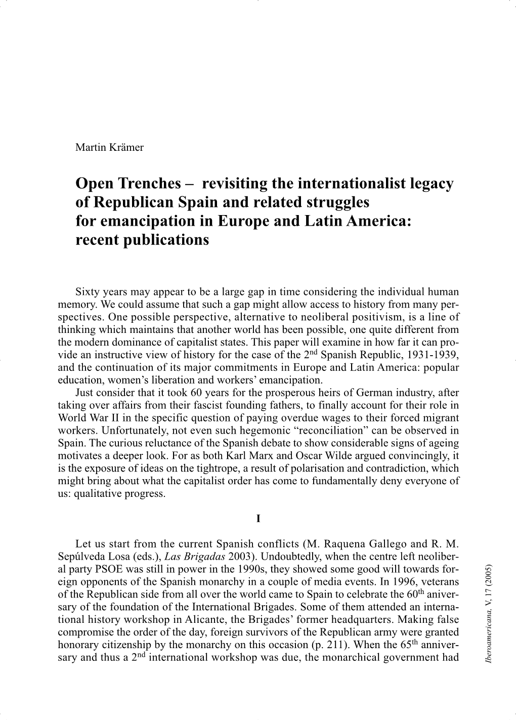 Open Trenches – Revisiting the Internationalist Legacy of Republican Spain and Related Struggles for Emancipation in Europe and Latin America: Recent Publications