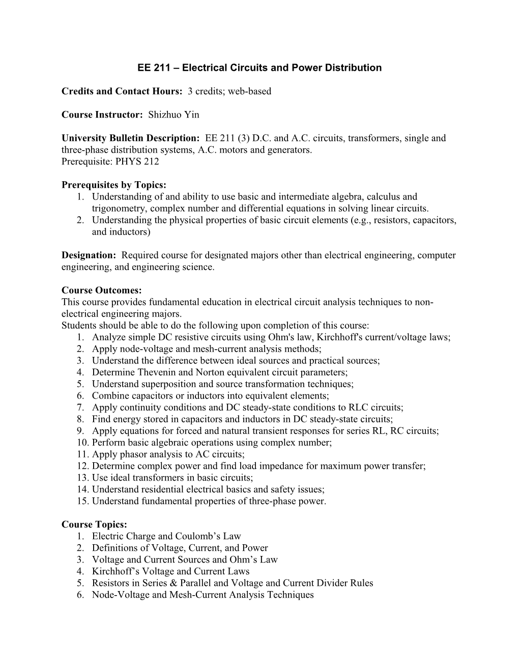 EE 211 Electrical Circuits and Power Distribution