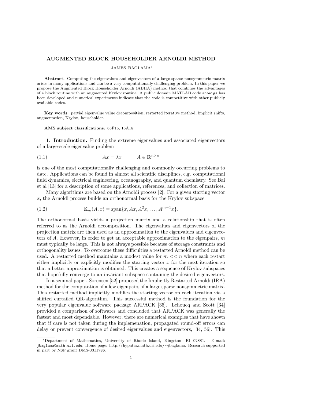 Augmented Block Householder Arnoldi Method