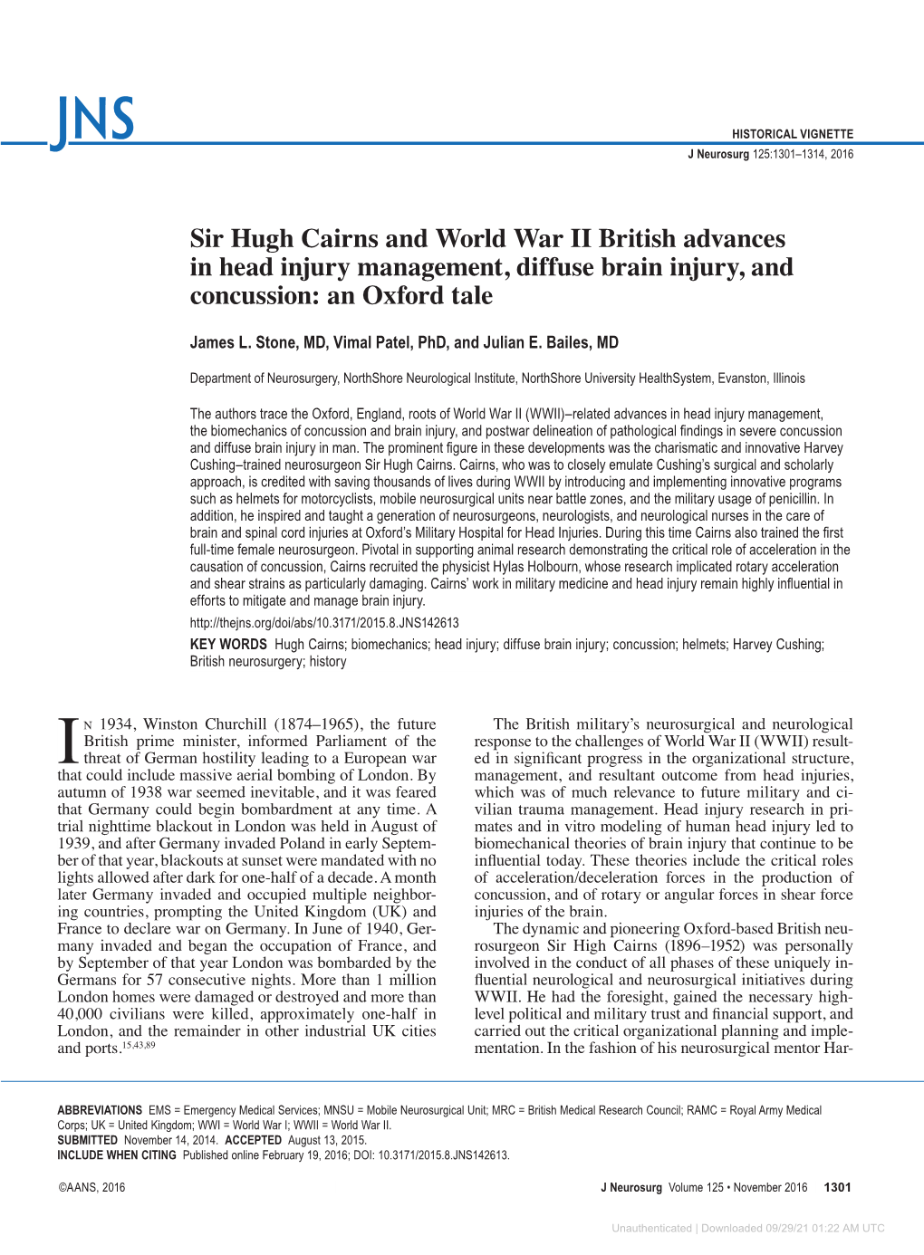 Sir Hugh Cairns and World War II British Advances in Head Injury Management, Diffuse Brain Injury, and Concussion: an Oxford Tale