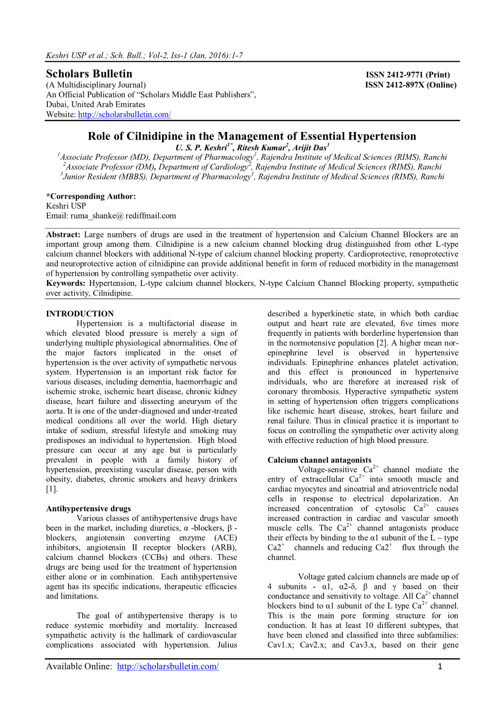 Scholars Bulletin Role of Cilnidipine in the Management of Essential