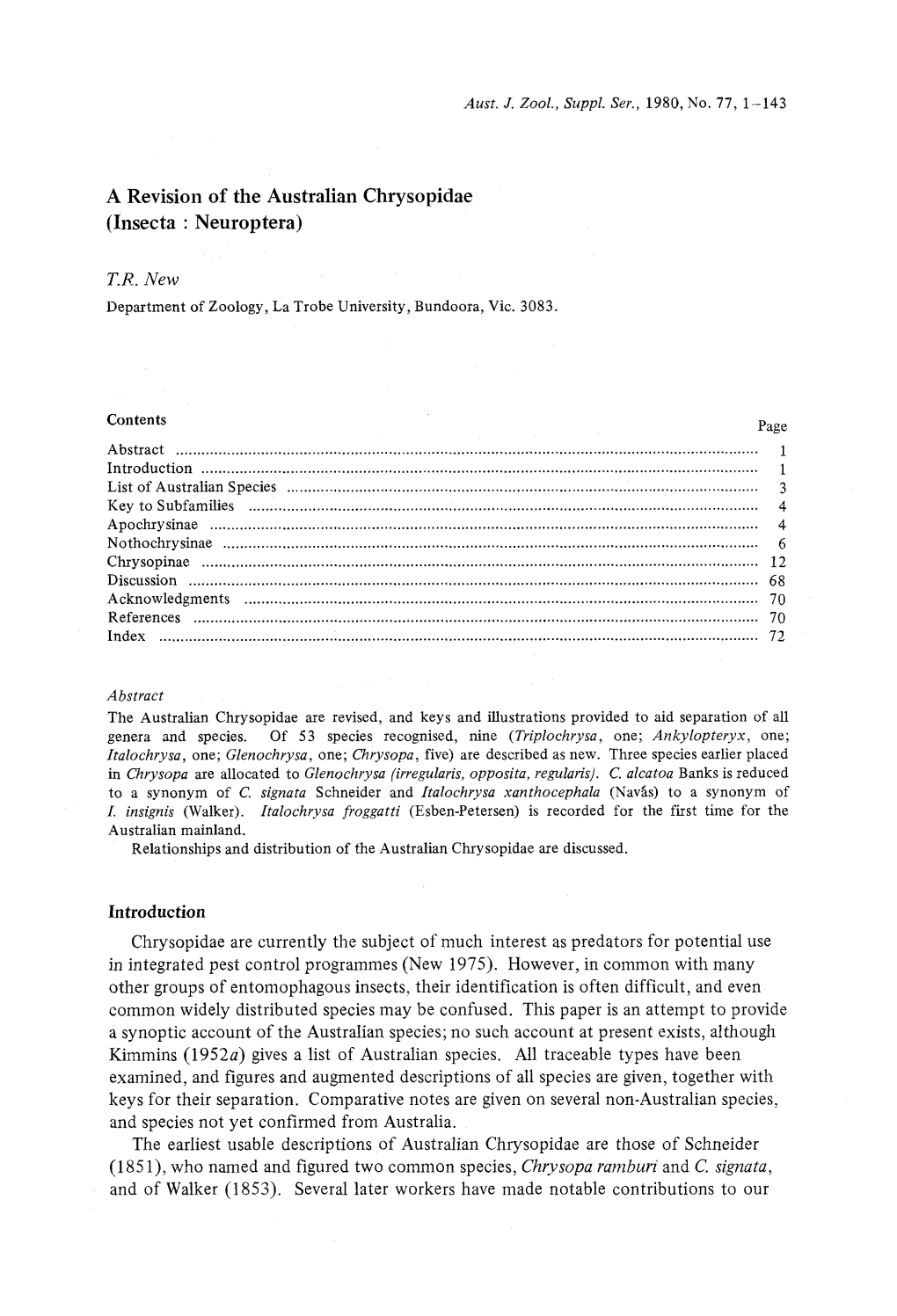 A Revision of the Australian Chrysopidae (Insecta : Neuroptera)