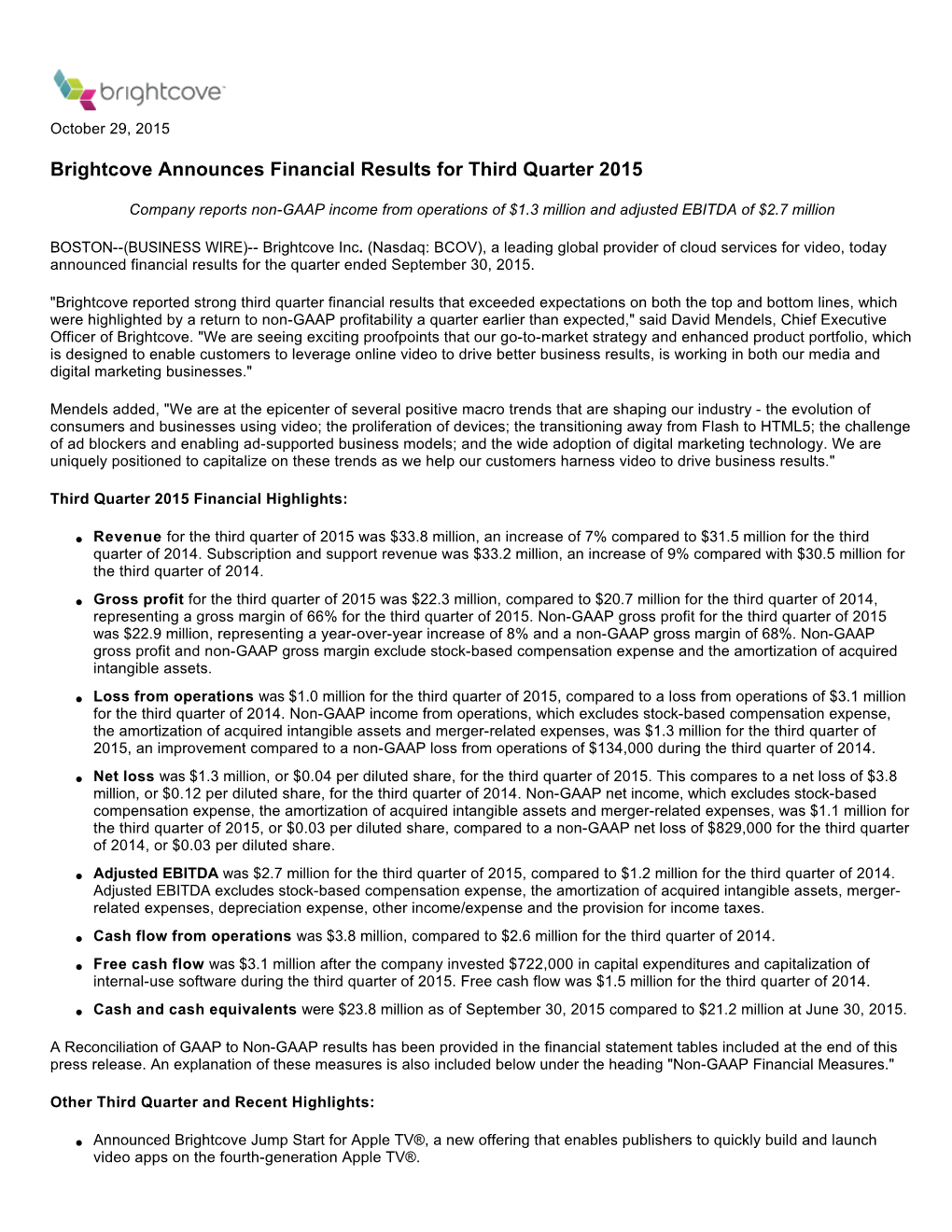 Brightcove Announces Financial Results for Third Quarter 2015