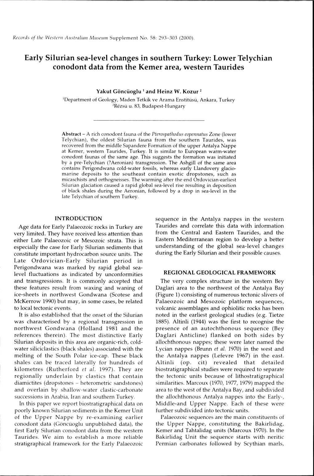 Early Silurian Sea-Level Changes in Southern Turkey: Lower Telychian Conodont Data from the Kemer Area, Western Taurides