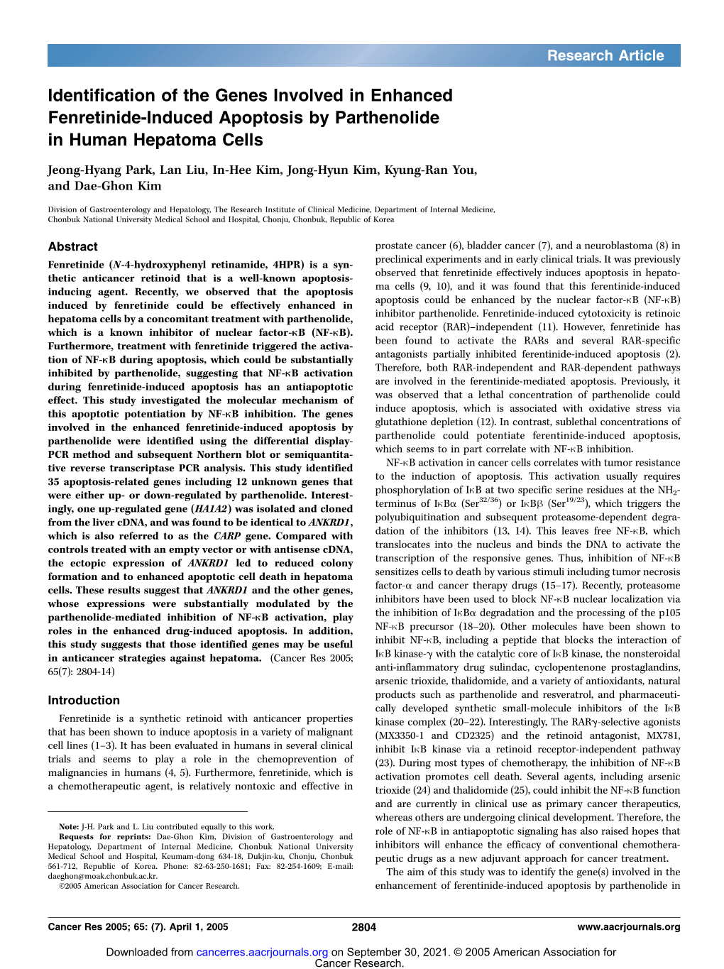 Identification of the Genes Involved in Enhanced Fenretinide-Induced Apoptosis by Parthenolide in Human Hepatoma Cells