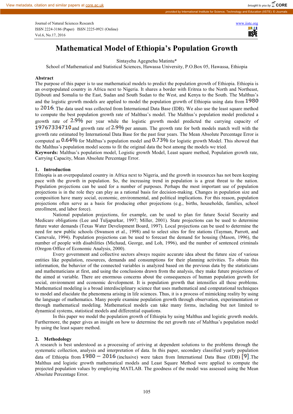 Mathematical Model of Ethiopia's Population Growth