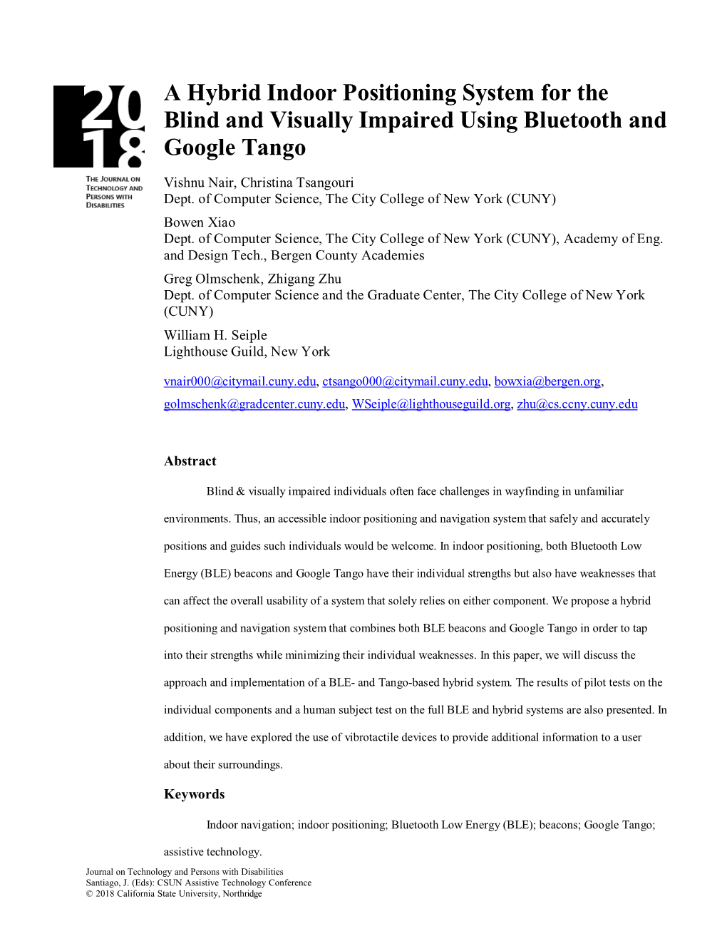 A Hybrid Indoor Positioning System for the Blind and Visually Impaired Using Bluetooth and Google Tango