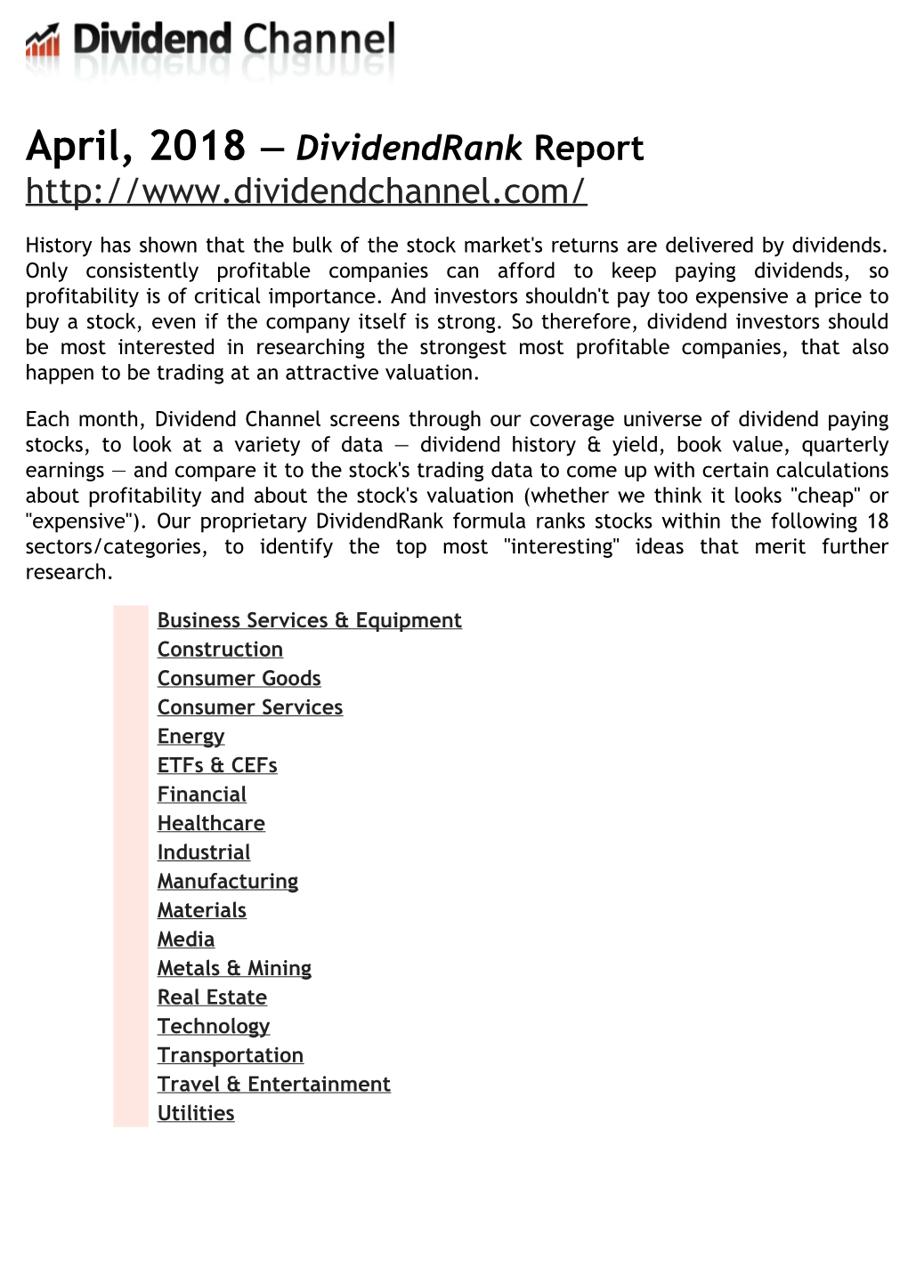 April, 2018 — Dividendrank Report