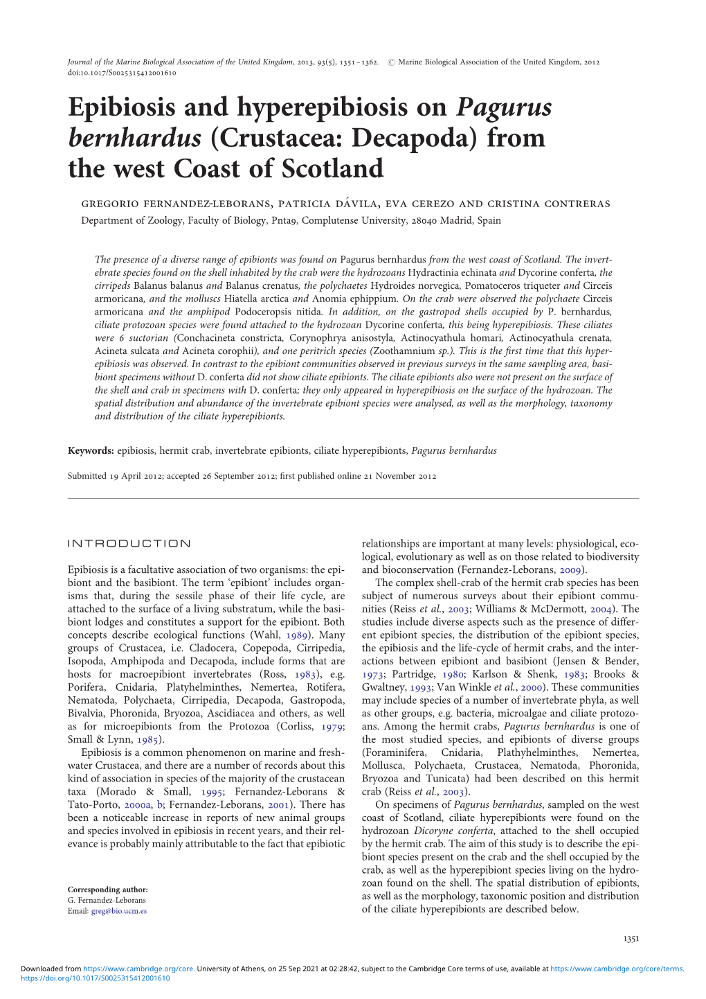 Epibiosis and Hyperepibiosis on Pagurus Bernhardus (Crustacea