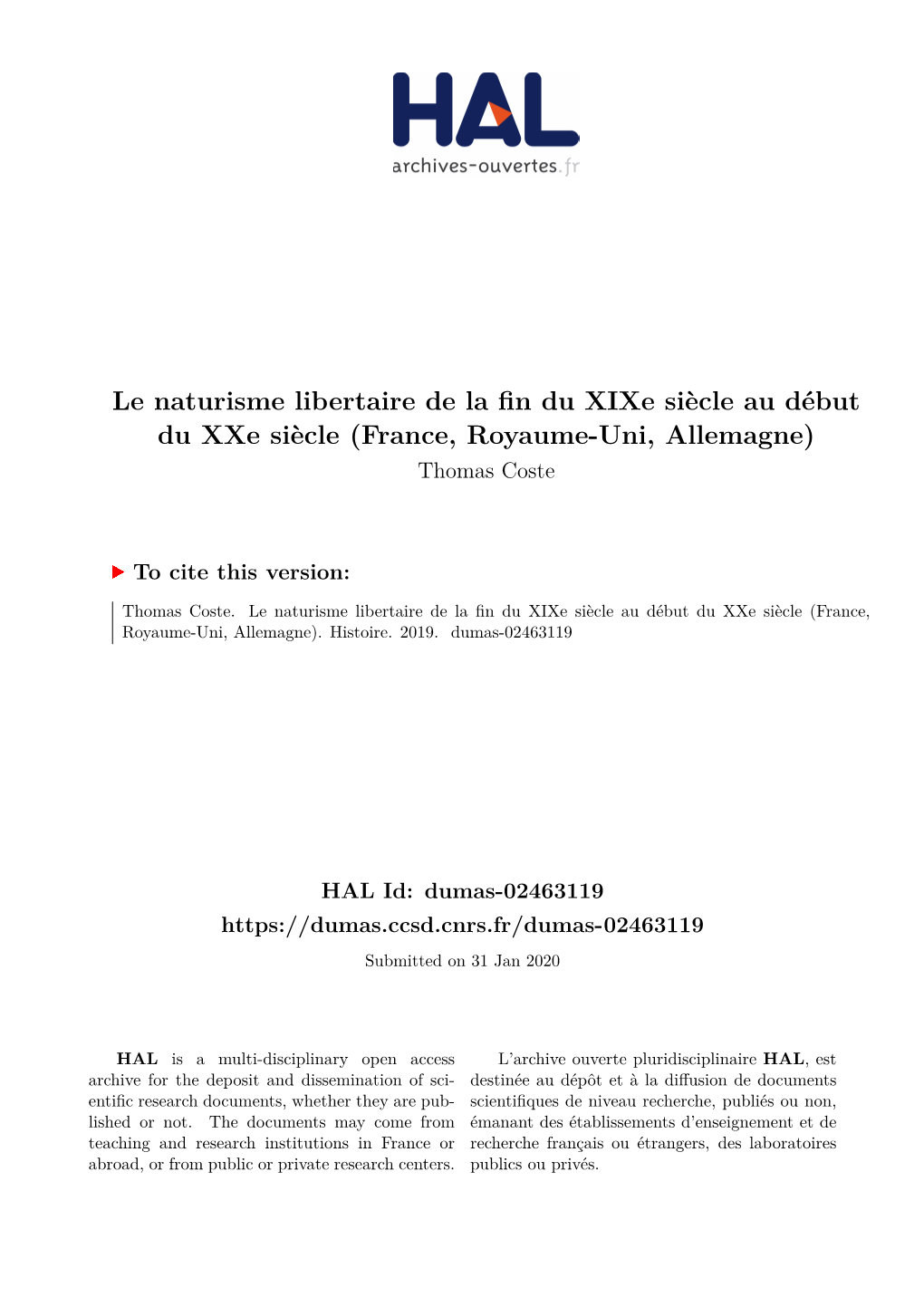 Le Naturisme Libertaire De La Fin Du Xixe Siècle Au Début Du Xxe Siècle (France, Royaume-Uni, Allemagne) Thomas Coste