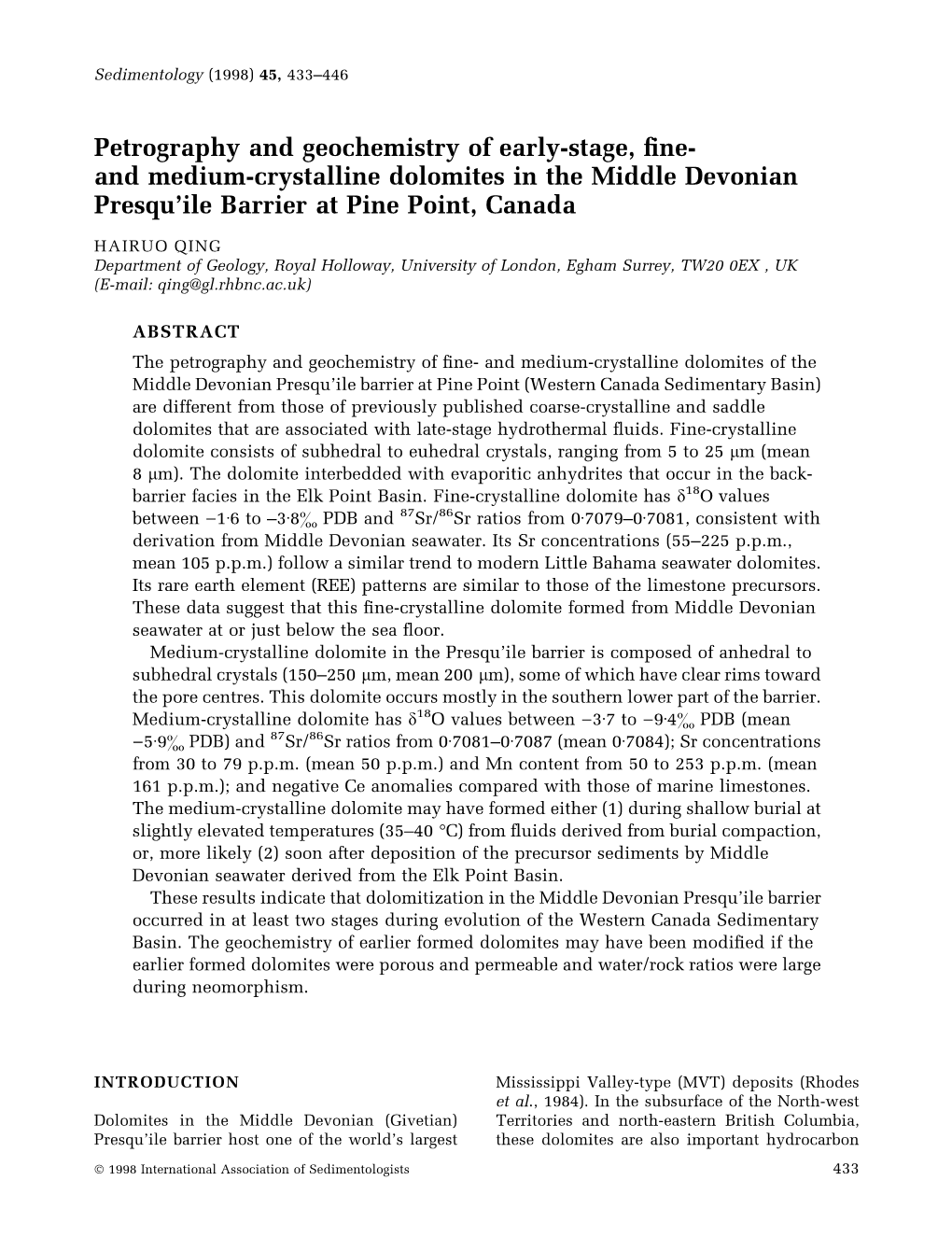 Petrography and Geochemistry of Early-Stage, ®Ne- and Medium-Crystalline Dolomites in the Middle Devonian Presqu'ile Barrier at Pine Point, Canada
