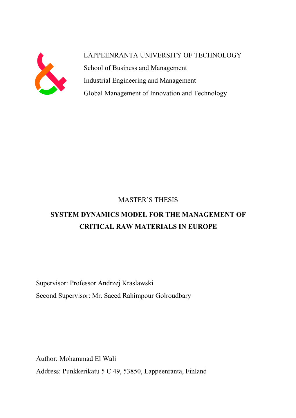 Master's Thesis System Dynamics Model For