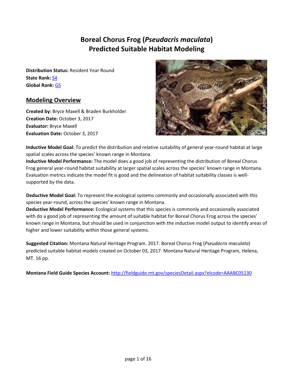 Boreal Chorus Frog (Pseudacris Maculata) Predicted Suitable Habitat Modeling