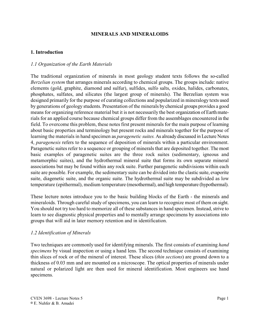 MINERALS and MINERALOIDS 1. Introduction 1.1 Organization of The