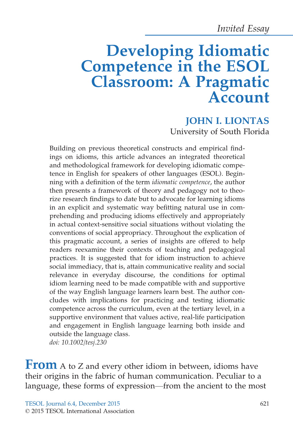 Developing Idiomatic Competence in the ESOL Classroom: a Pragmatic Account