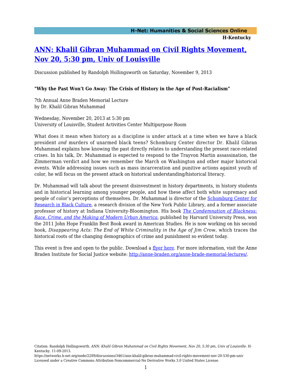 ANN: Khalil Gibran Muhammad on Civil Rights Movement, Nov 20, 5:30 Pm, Univ of Louisville