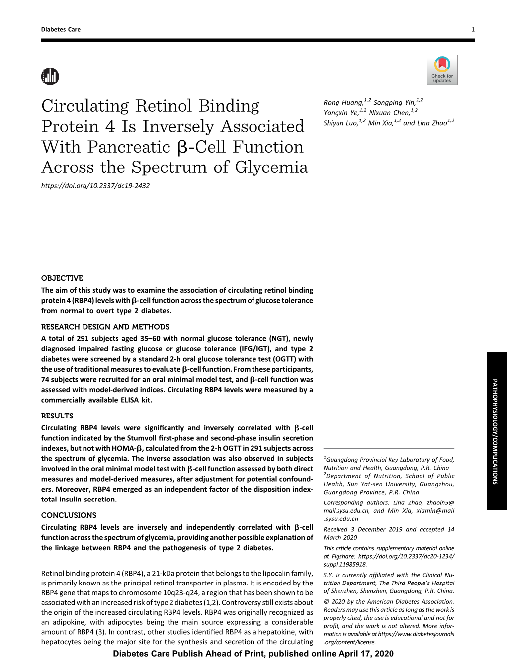 Circulating Retinol Binding Protein 4 Is Inversely Associated With