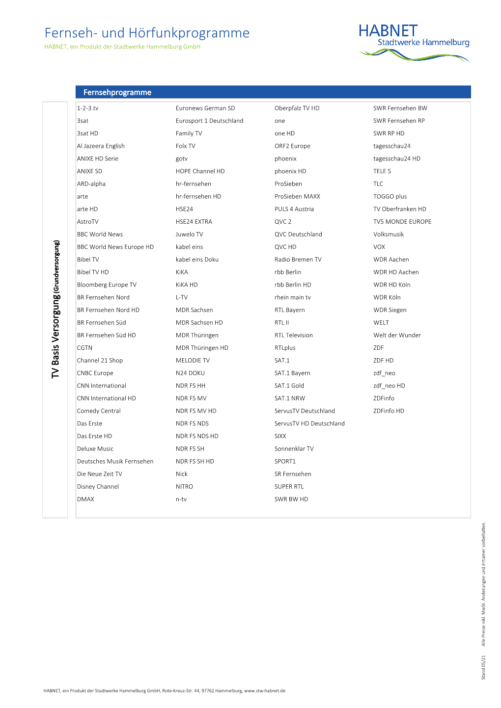 Fernseh- Und Hörfunkprogramme HABNET, Ein Produkt Der Stadtwerke Hammelburg Gmbh