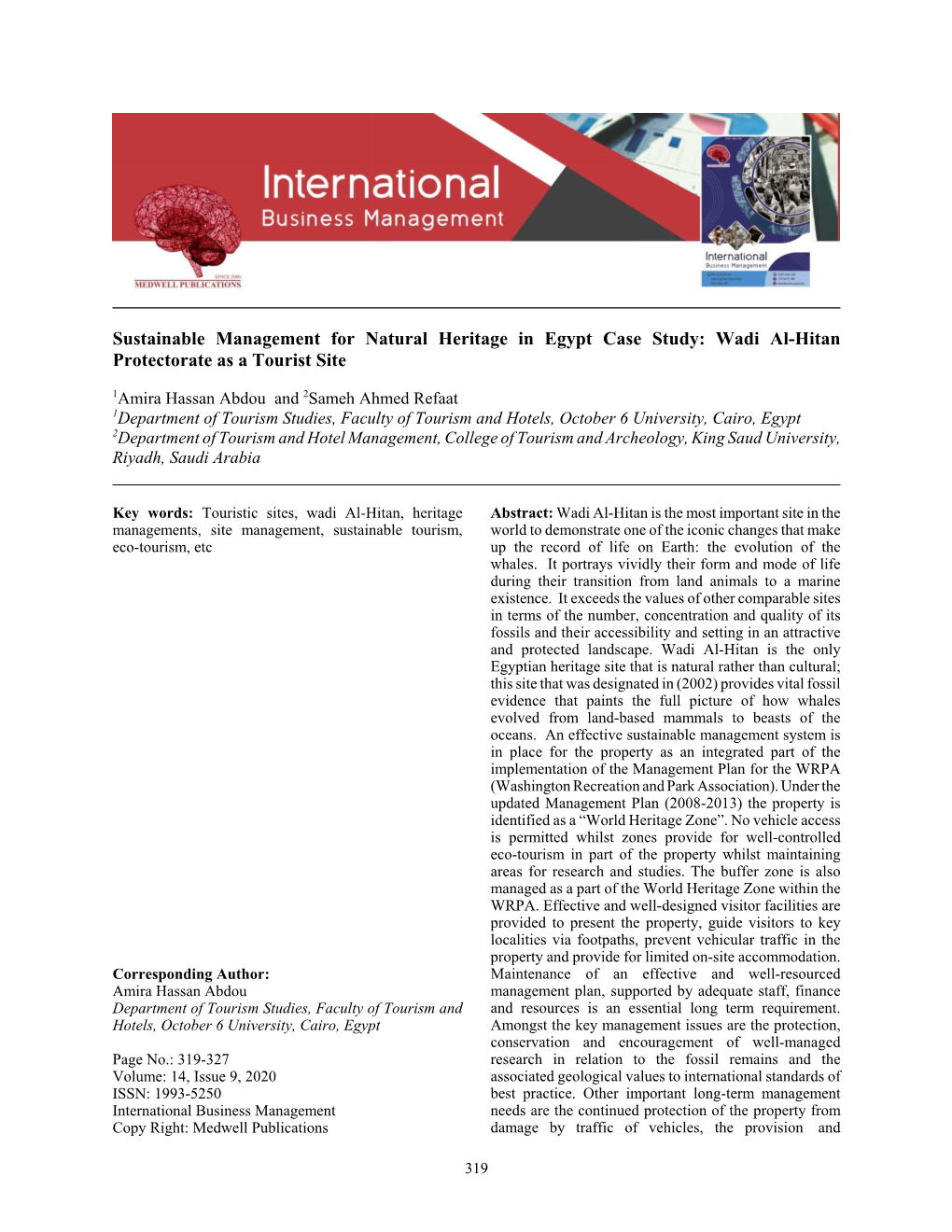 Sustainable Management for Natural Heritage in Egypt Case Study: Wadi Al-Hitan Protectorate As a Tourist Site