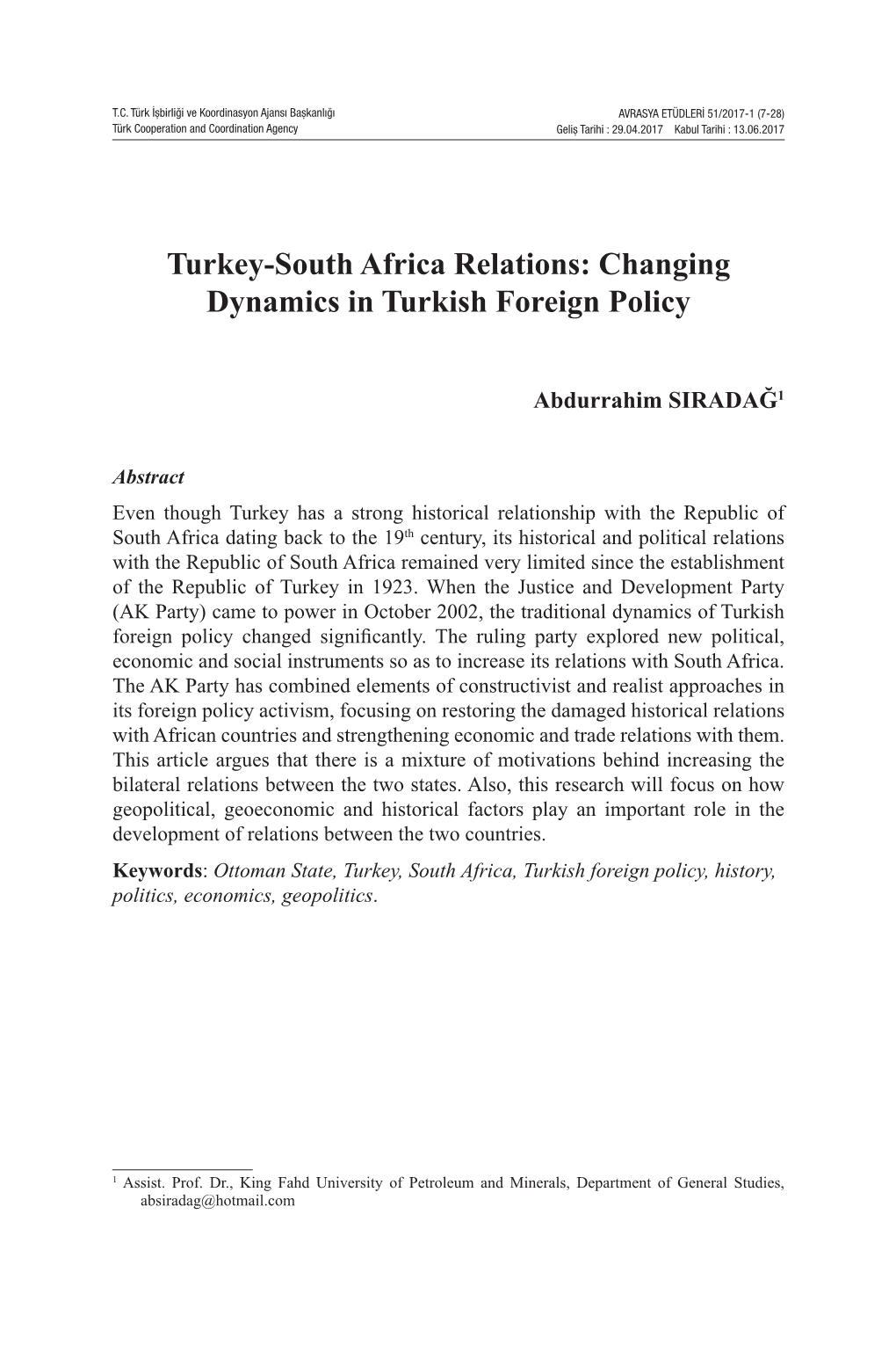 Turkey-South Africa Relations: Changing Dynamics in Turkish Foreign Policy