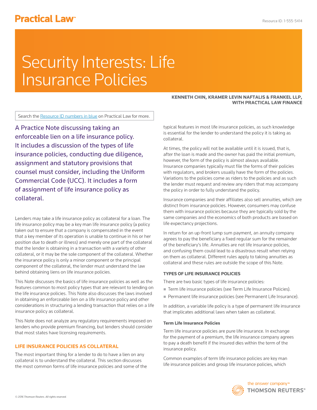 Security Interests: Life Insurance Policies