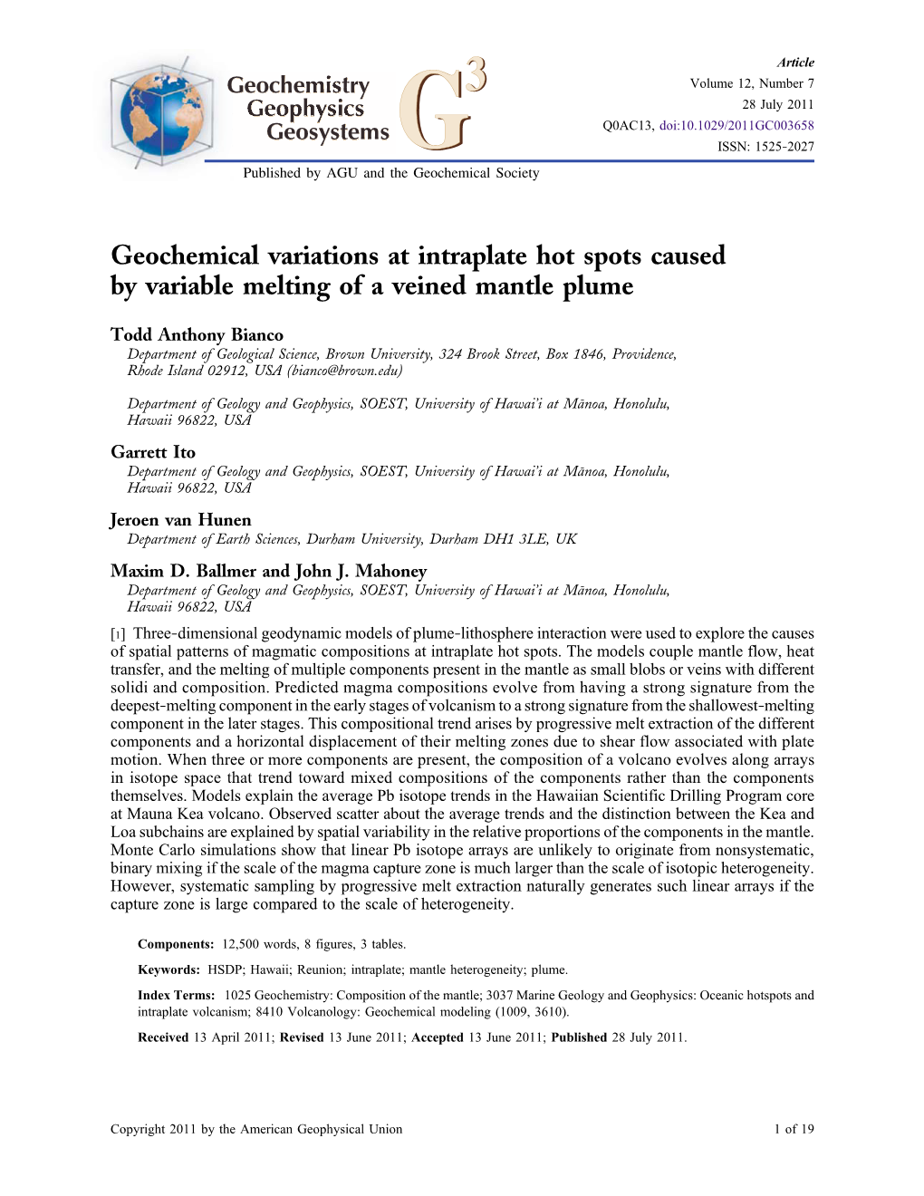 Geochemical Variations at Intraplate Hot Spots Caused by Variable Melting of a Veined Mantle Plume