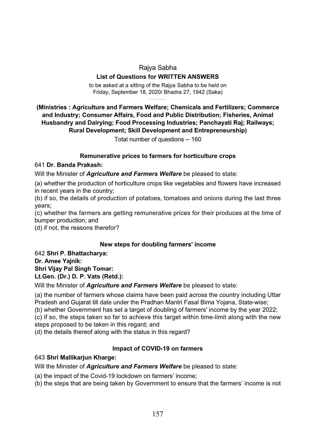 Rajya Sabha List of Questions for WRITTEN ANSWERS to Be Asked at a Sitting of the Rajya Sabha to Be Held on Friday, September 18, 2020/ Bhadra 27, 1942 (Saka)