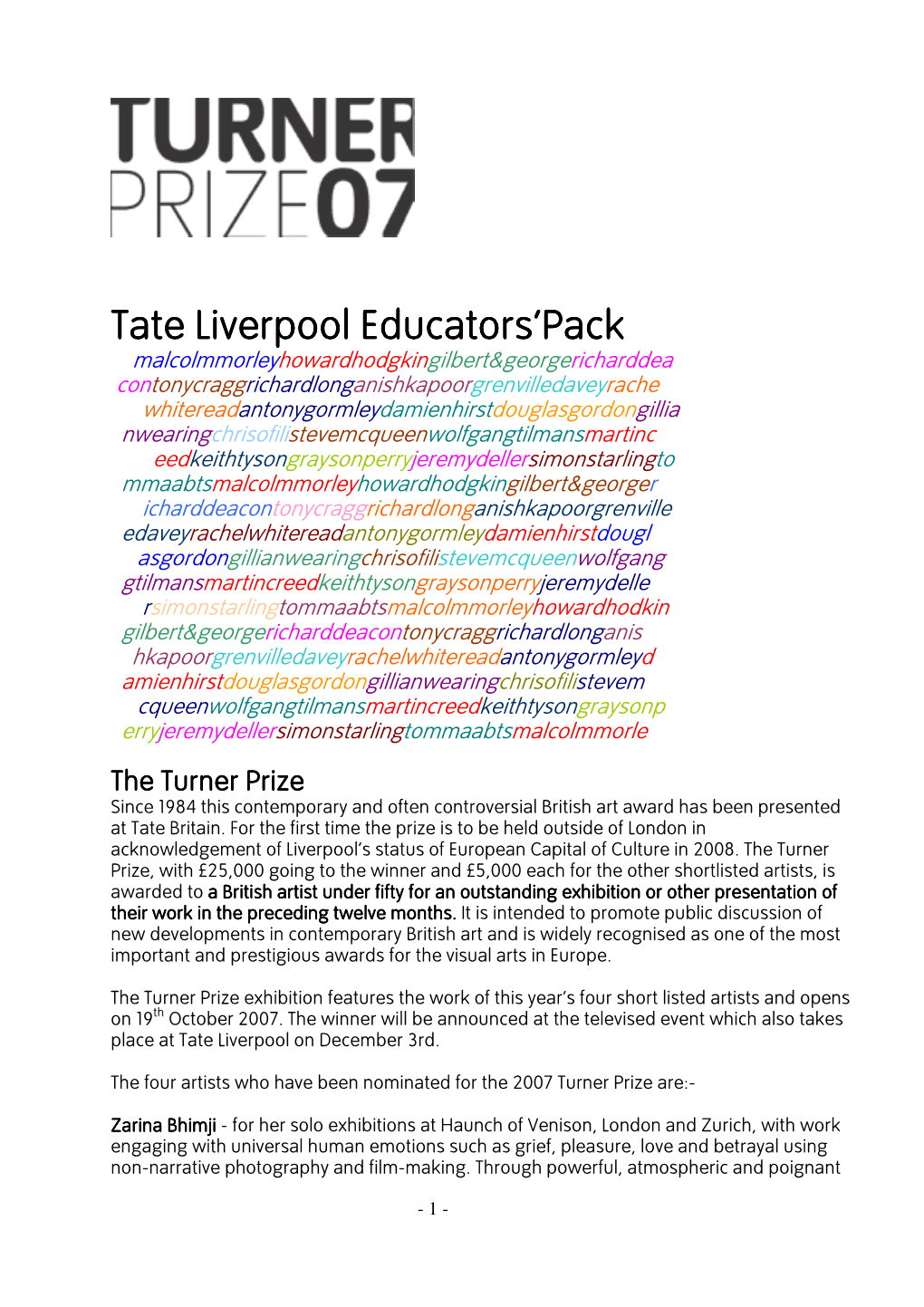 Turner Prize 2007 Teachers' Pack