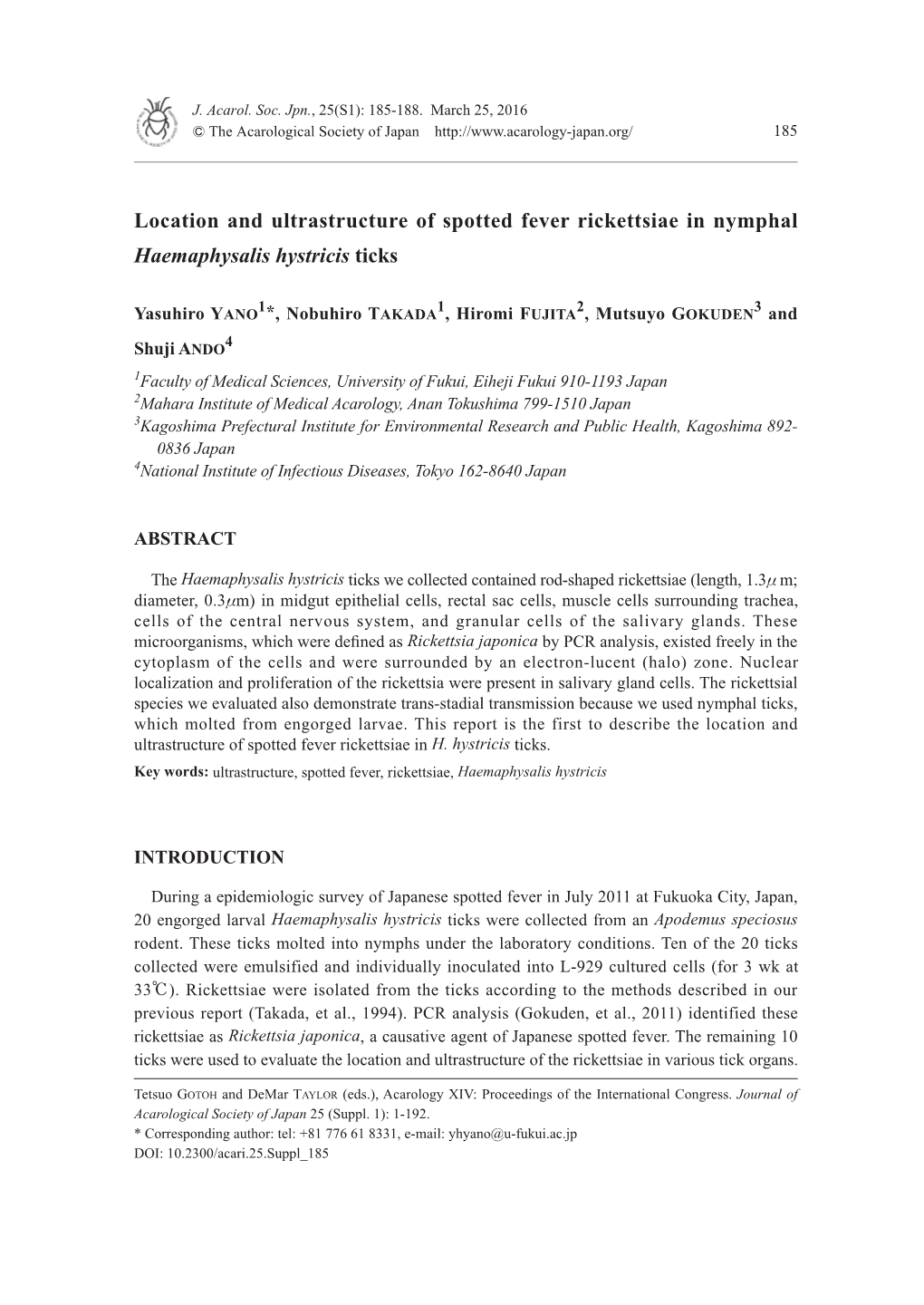 Location and Ultrastructure of Spotted Fever Rickettsiae in Nymphal Haemaphysalis Hystricis Ticks