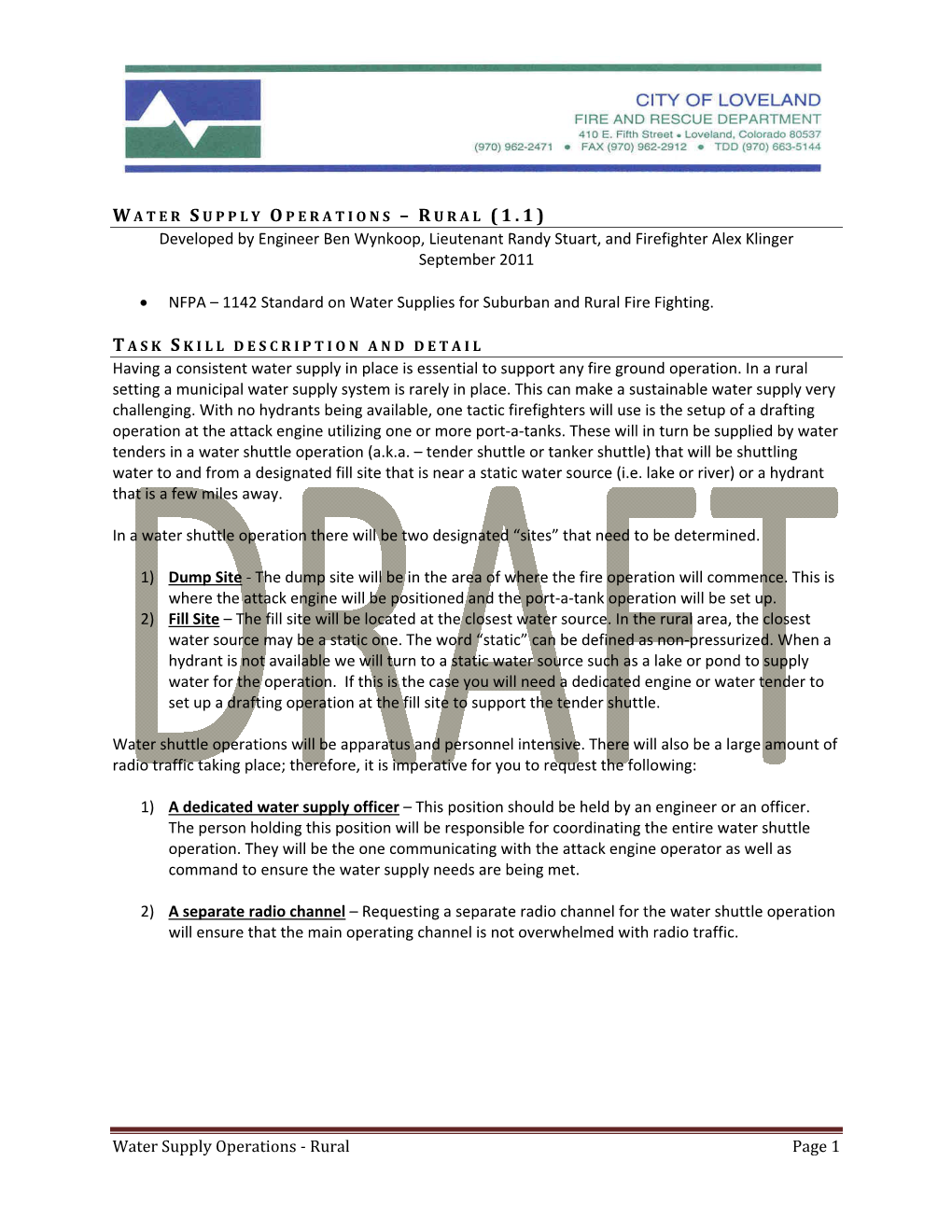 Water Supply Operations ‐ Rural Page 1 Developed by Engineer