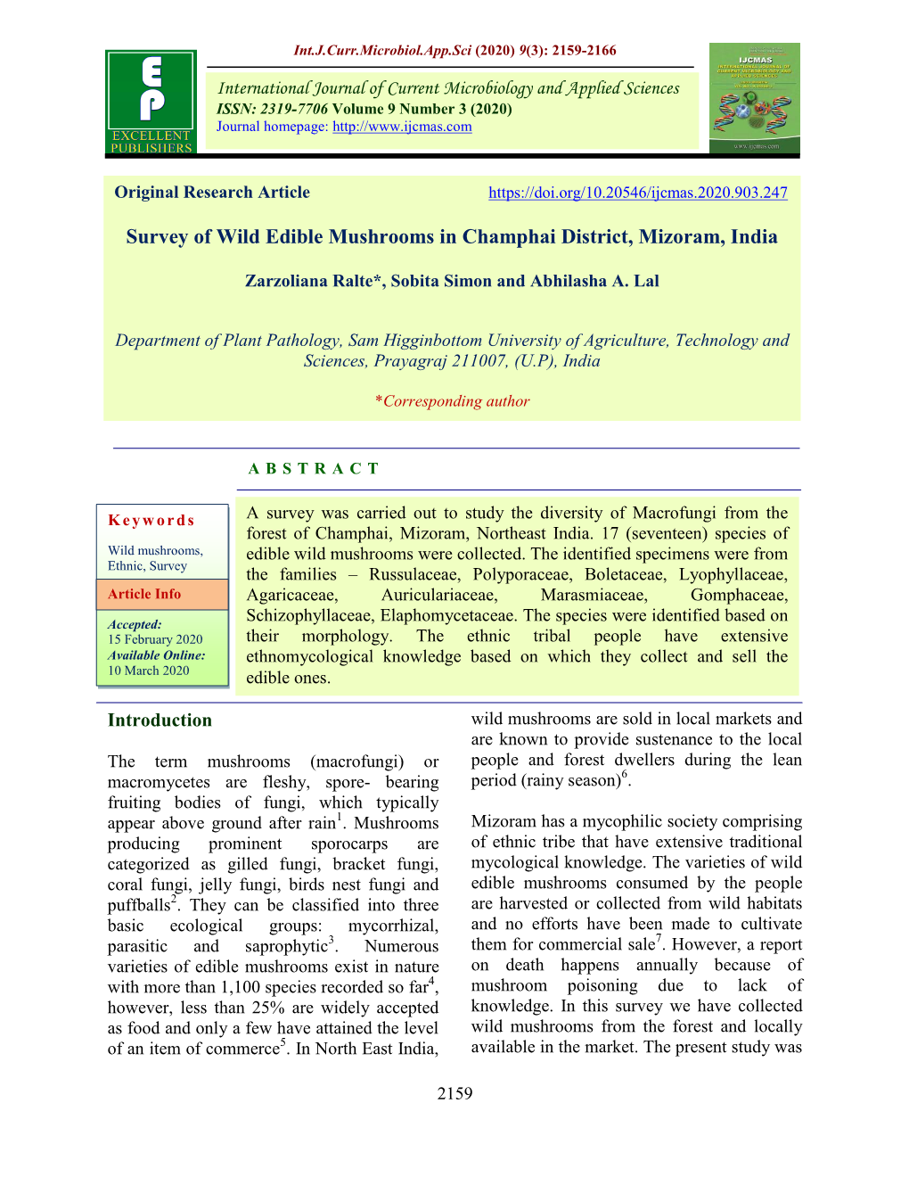 Survey of Wild Edible Mushrooms in Champhai District, Mizoram, India