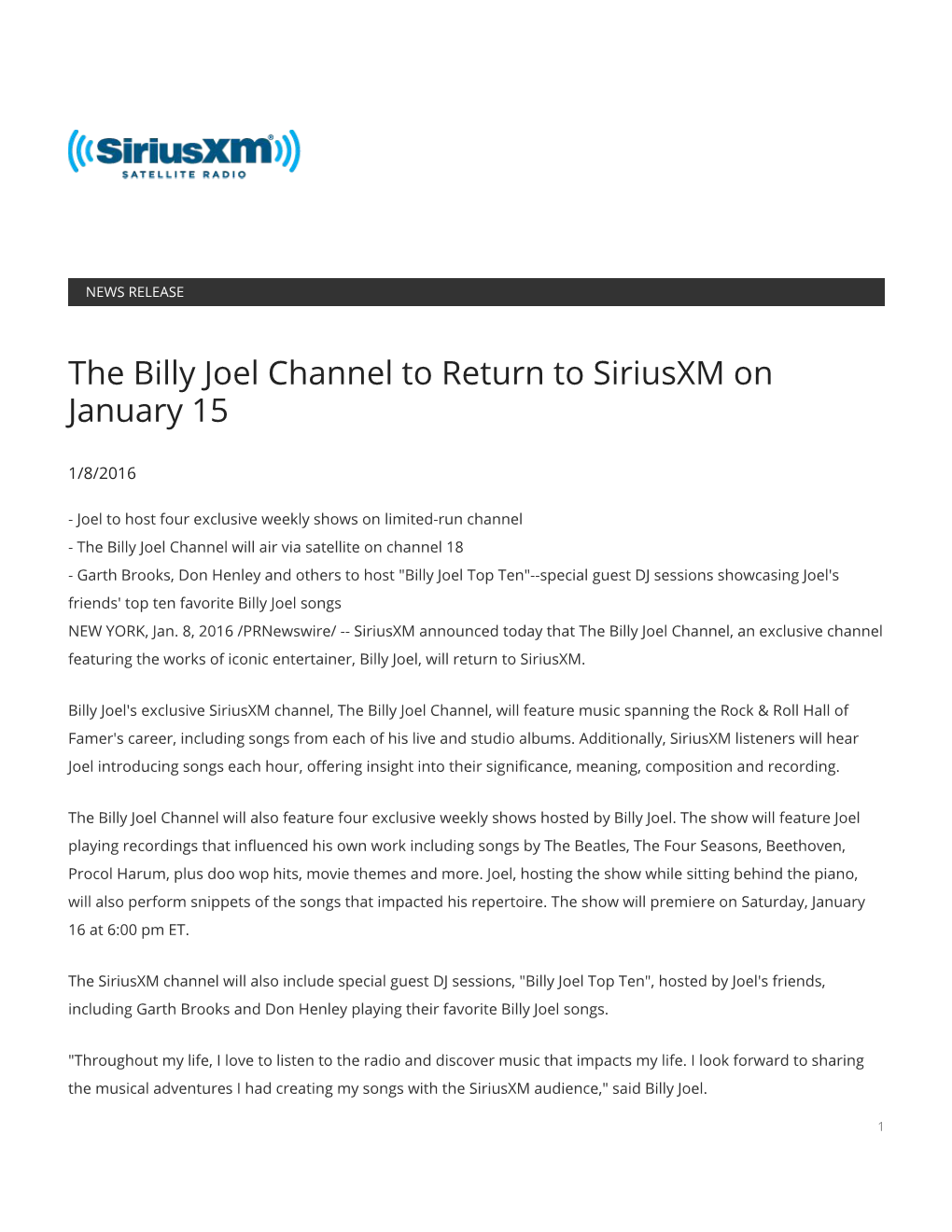 The Billy Joel Channel to Return to Siriusxm on January 15