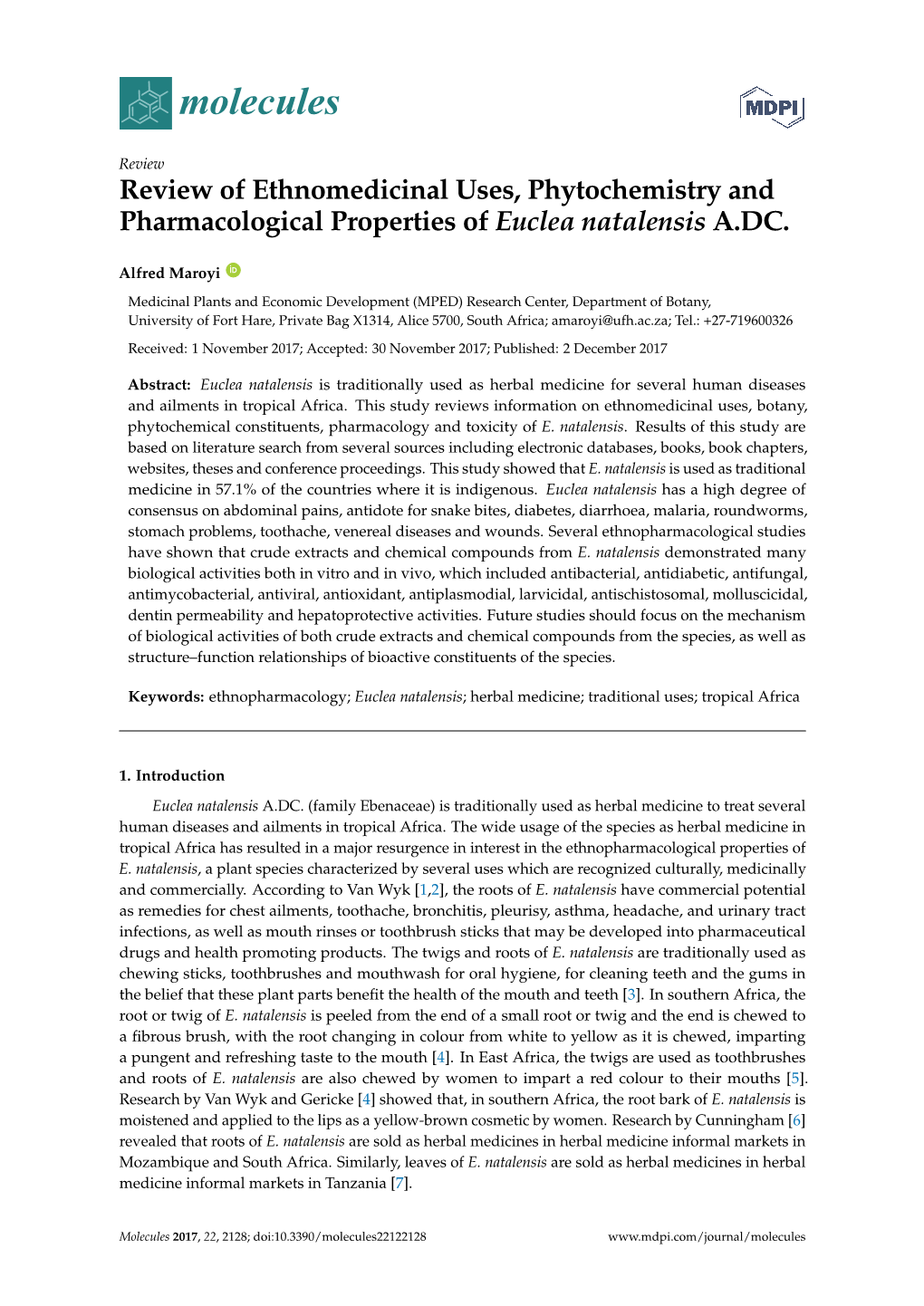 Review of Ethnomedicinal Uses, Phytochemistry and Pharmacological Properties of Euclea Natalensis A.DC